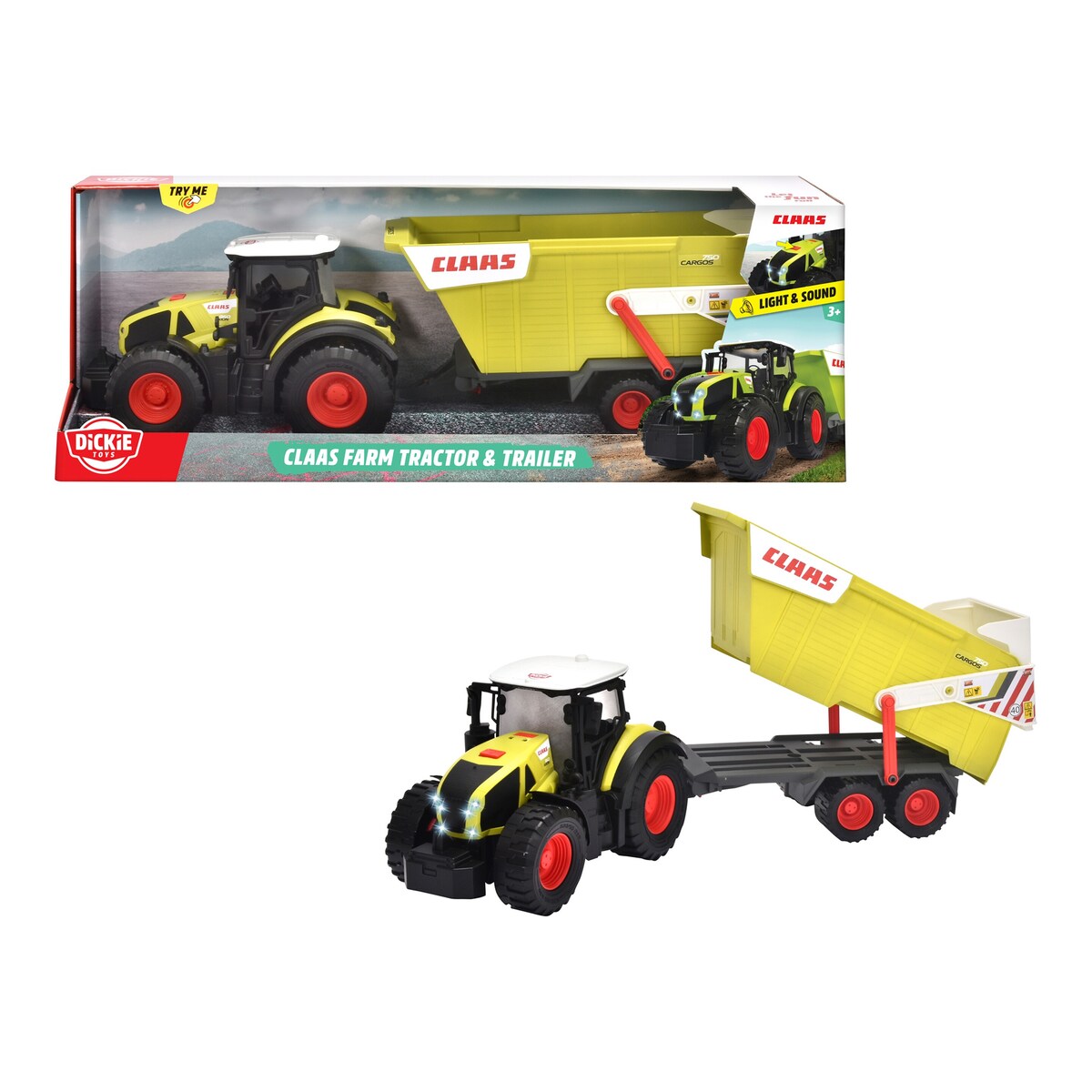 Traktor Claas med tilhenger med lys på
