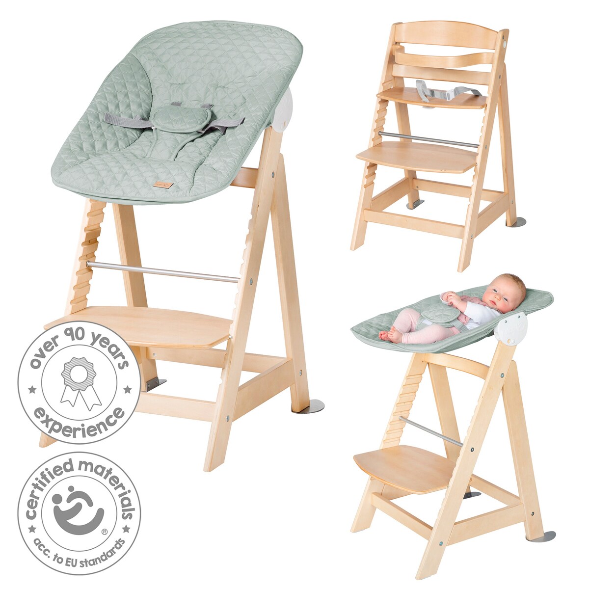 Visning av treverk materiale på Trappehøystol Born Up 2-i-1 sett Frosty Green
