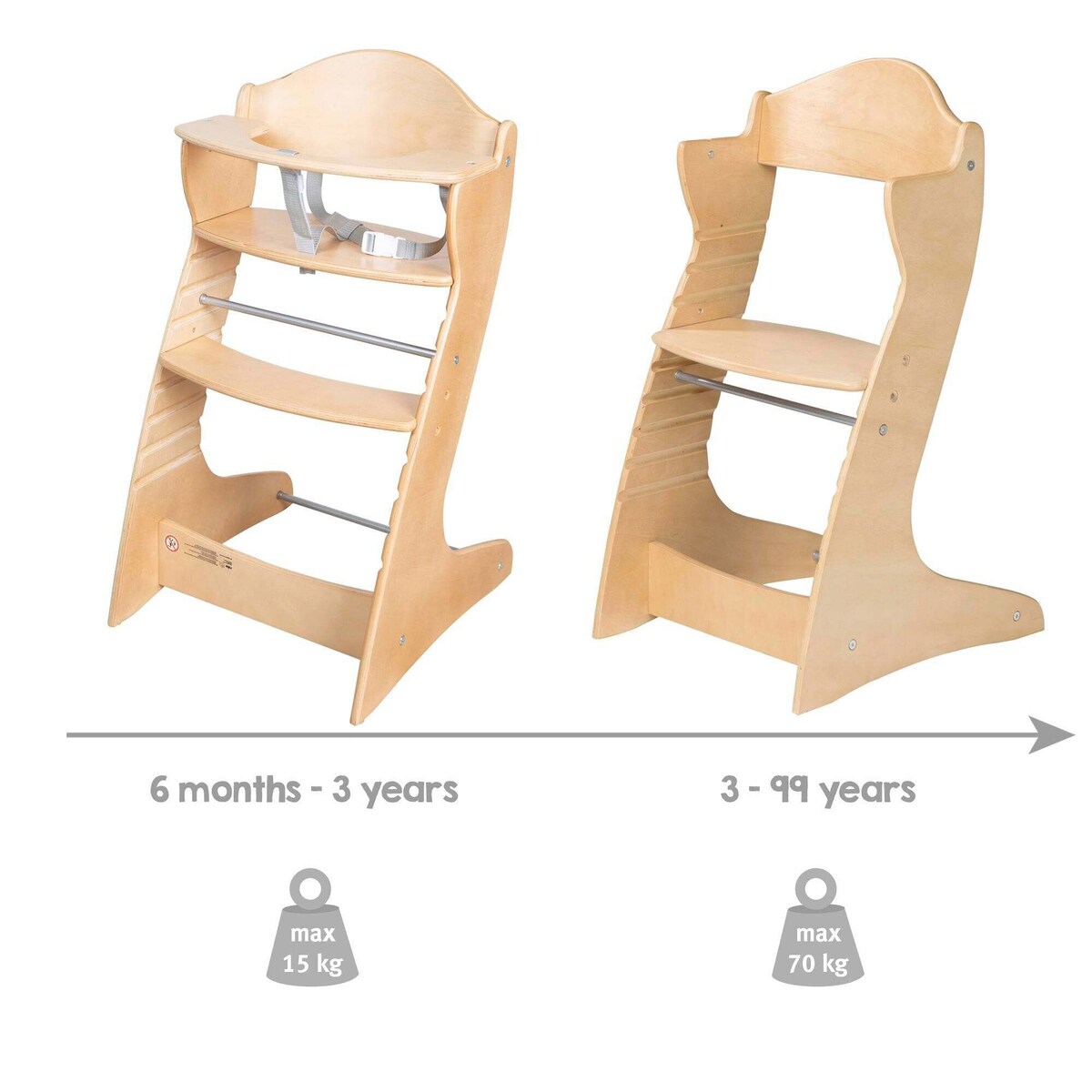 Justerbare sitte- og fotplater på Trappestol Chair Up i tre, vokser med barnet