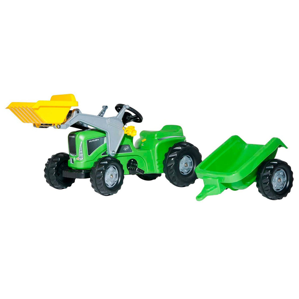 Tråtraktor rollyKiddy Futura med frontlaster og tilhenger forfra