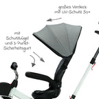 Nærbilde av pedaler og sikkerhetsbelte på Trehjulssykkel Niki 360