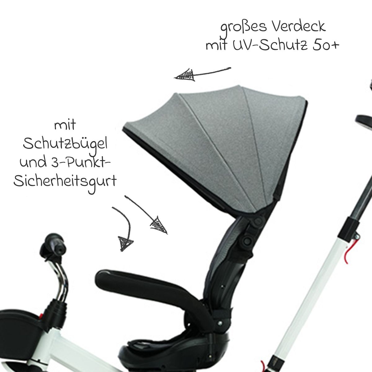 Nærbilde av pedaler og sikkerhetsbelte på Trehjulssykkel Niki 360