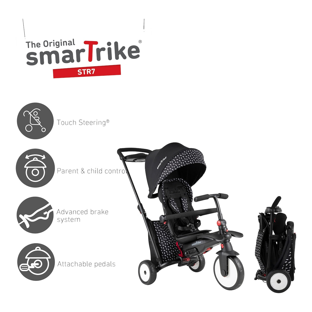 Trehjulssykkel SmarTfold STR5 7-i-1 med avtakbar sikkerhetsbøyle