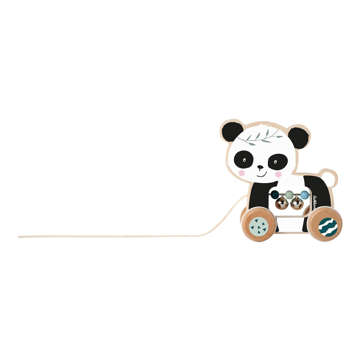 Trekkeleke panda i tre med bjeller fra 12 mnd forfra