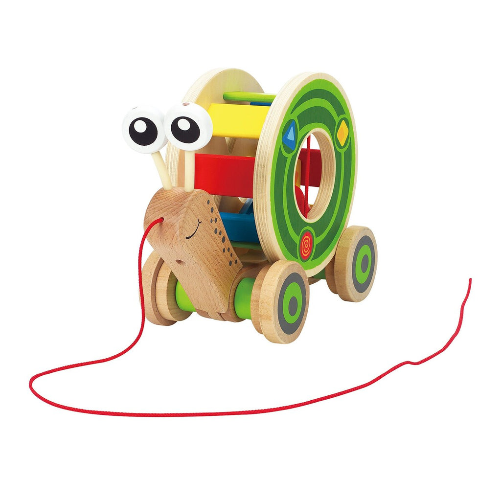 Trekkeleke snegle i tre med puttespill fra 12 mnd detalj av klosser
