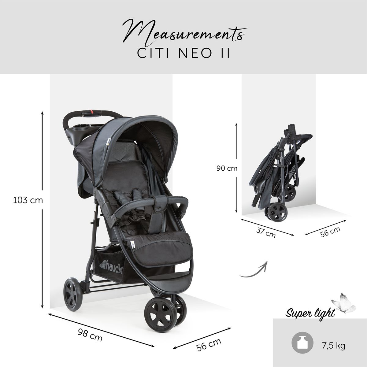 Trillevogn Citi Neo II med regulerbar rygg med handlekurv