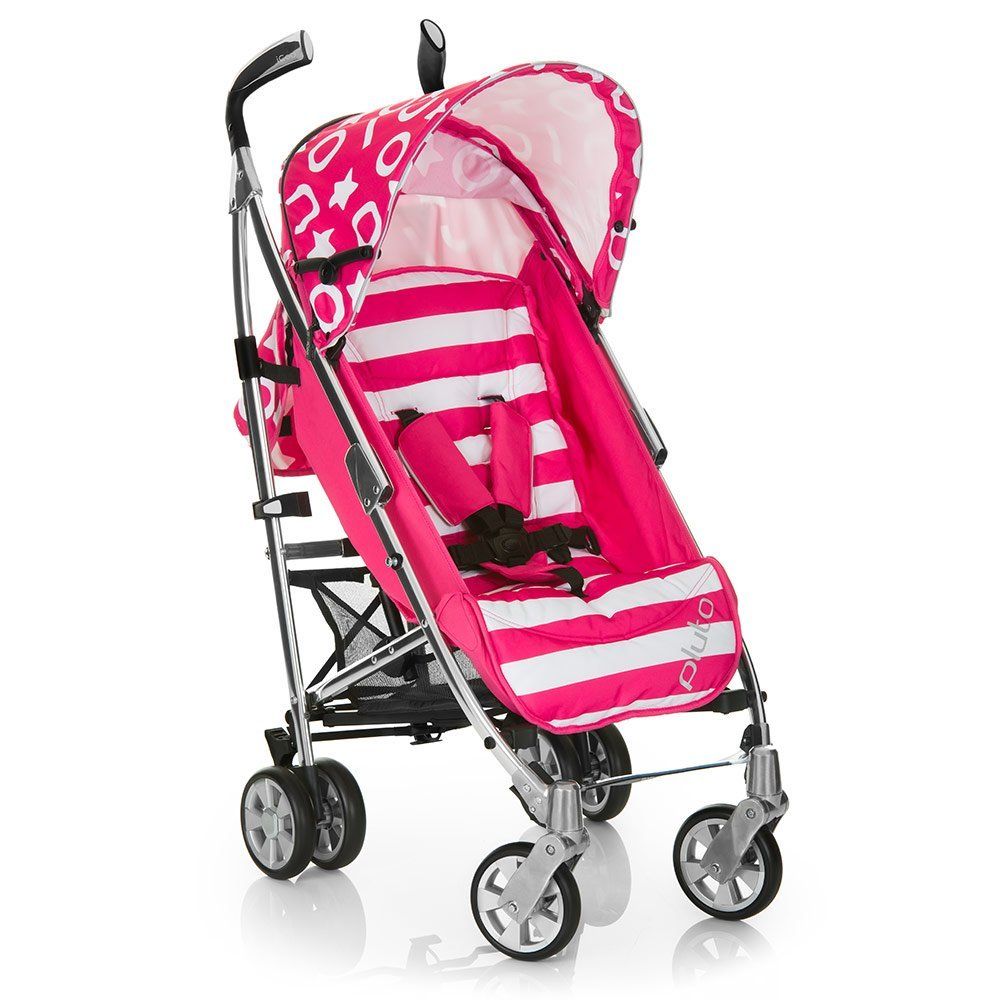 Trillevogn Pluto med 5-punktsbelte Stripe Pink forfra