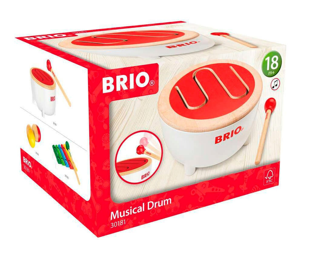 Tromme for barn med trommestikke 16x8,5x16 cm bakside