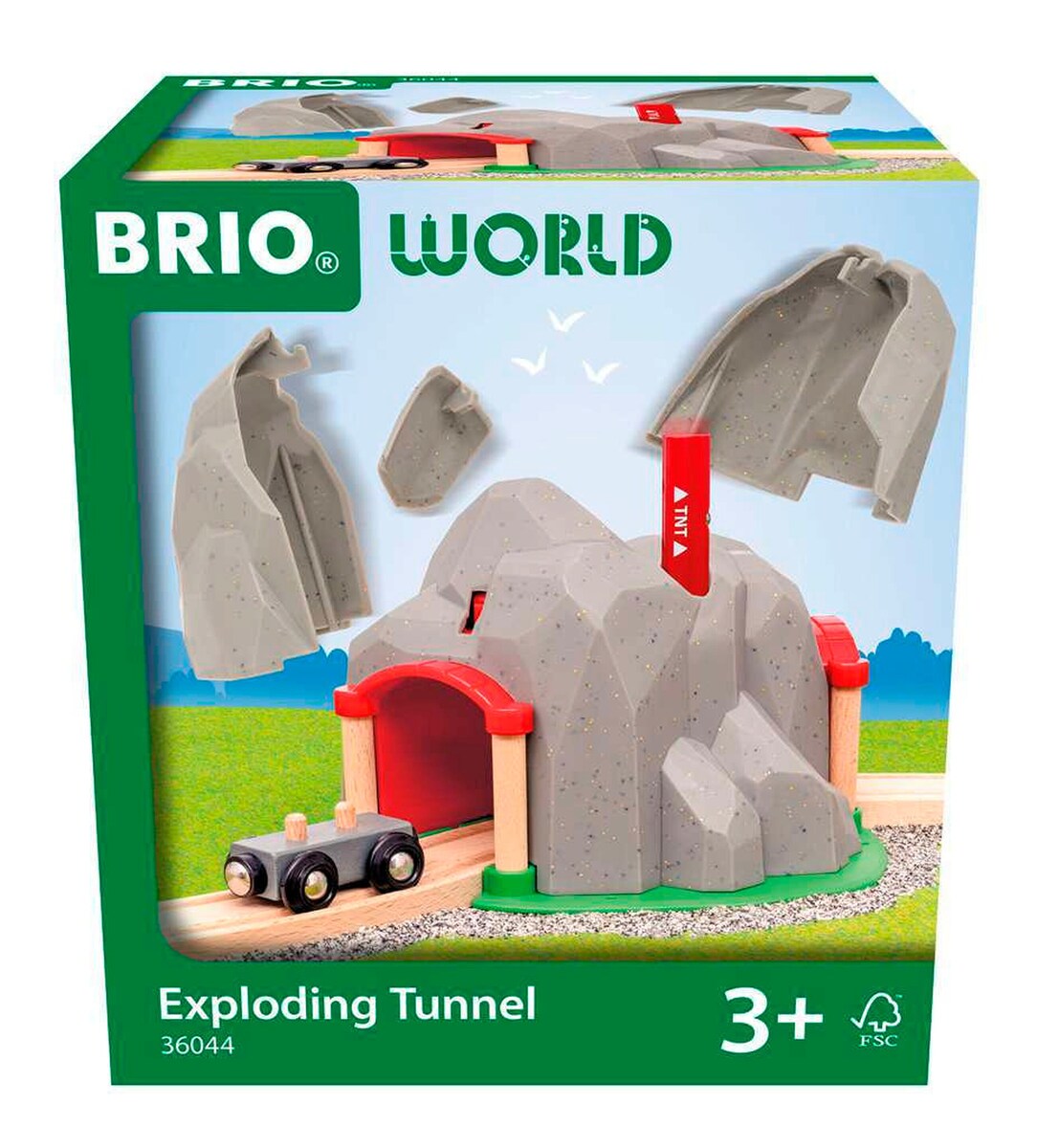 Tunnel med sprengfunksjon for togbane i tre - BRIO montert med vogn