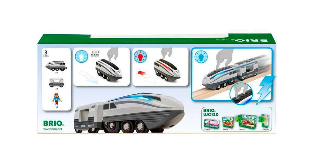 Nærbilde av passasjerfigur til Turbotog med batteridrift og lyseffekter i tre