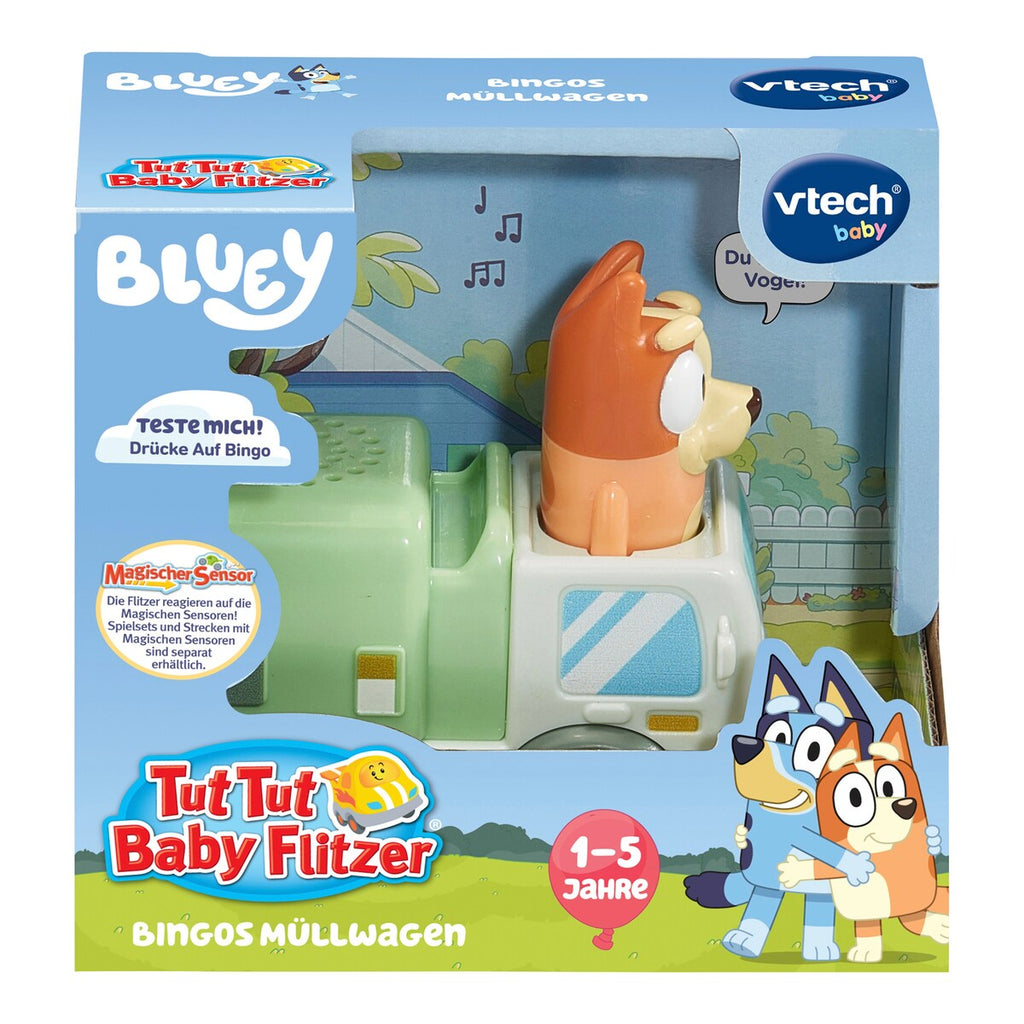 Nærbilde av Tut Tut Baby Flitzer Bingos søppelbil med lyd