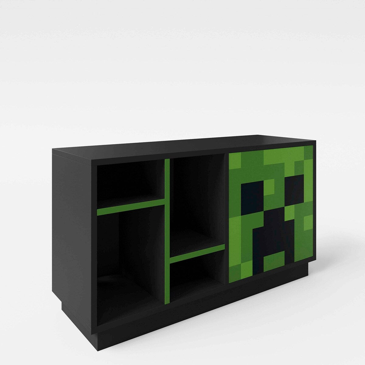 Nærbilde av Minecraft-design på TV-benk med dør push-open
