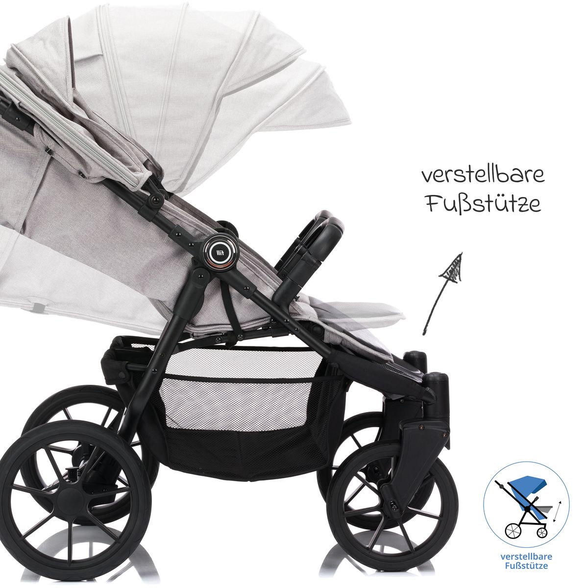 Tvilling- og søskenvogn Duette til 22 kg med liggeposisjon handlekurv under