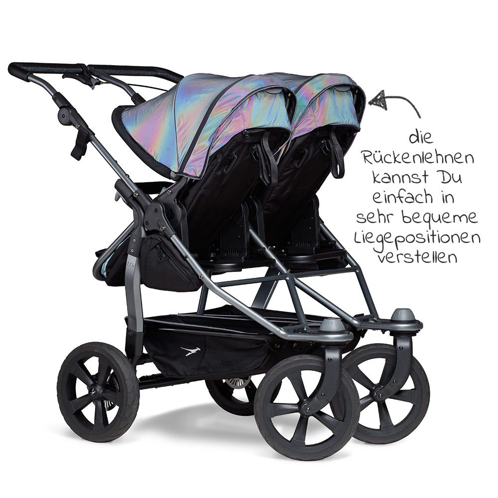 Oversikt over Tvillingvogn Duo med luftkammerhjul og 2x kombienhet med tilbehør