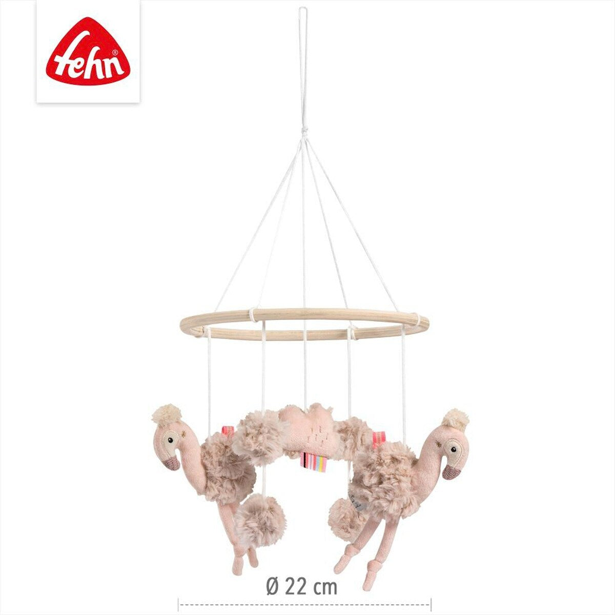 Uro i tre og tekstil Flamingo 22 cm fra Fehn montert over seng