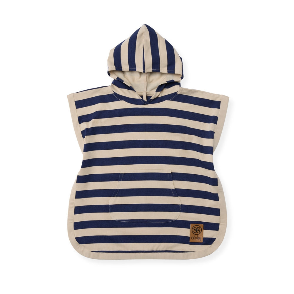 UV-poncho Navy/Sandy Stripe UPF 50+ 3-5 år Cloby forfra