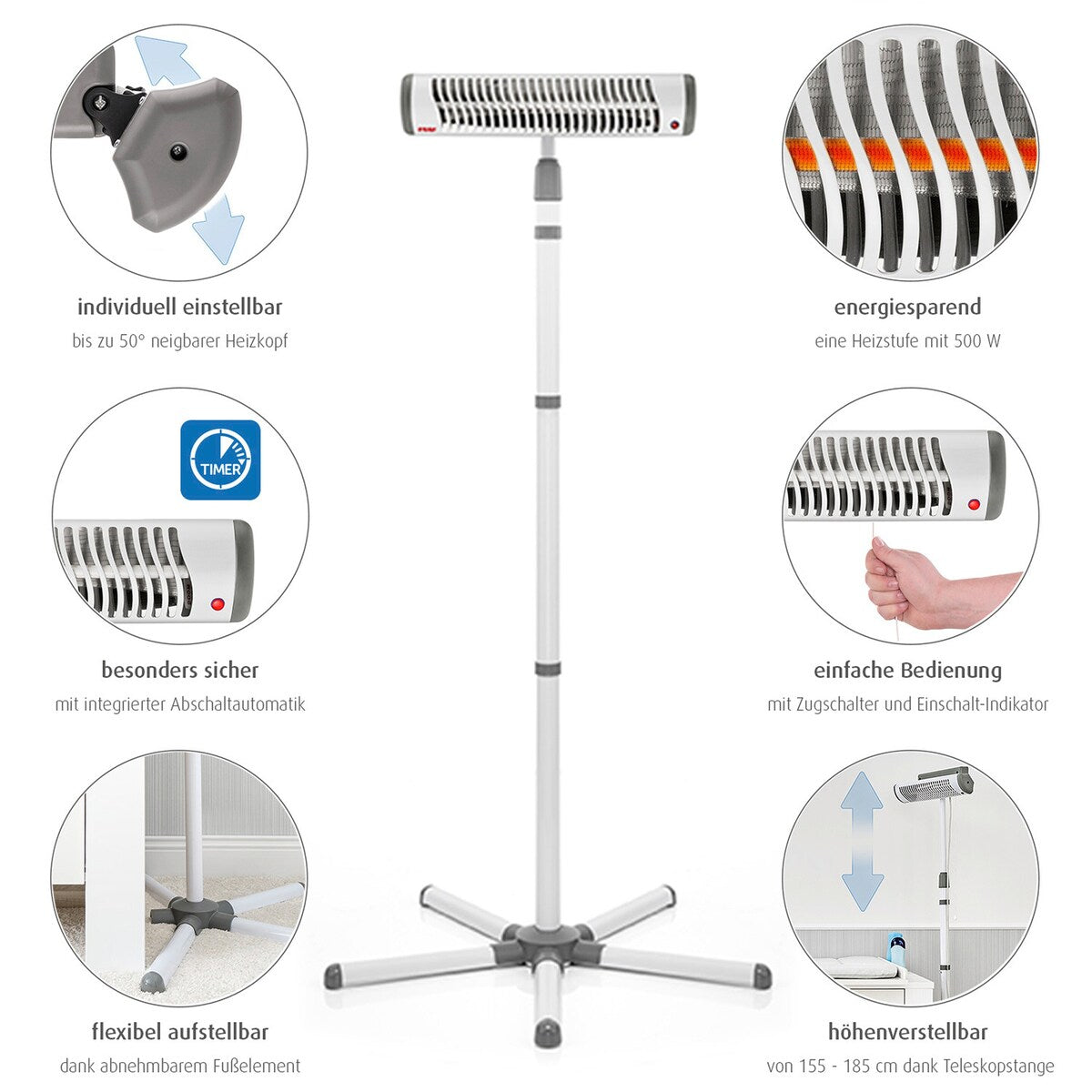 Detalj av varmehodet på Varmelampe EasyHeat Flex med gulvstativ 500W