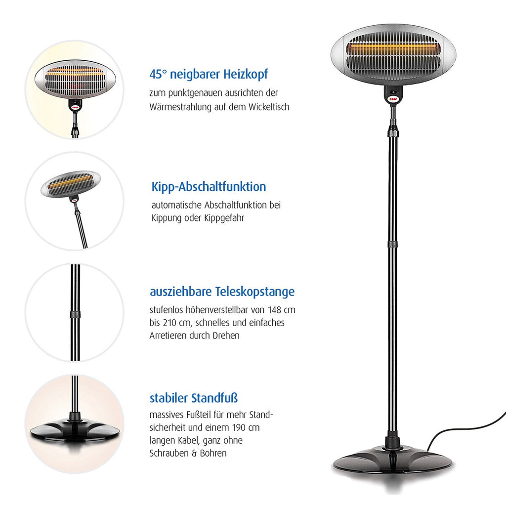 Nærbilde av varm lampe for stellebord med gulvstativ 148-210 cm