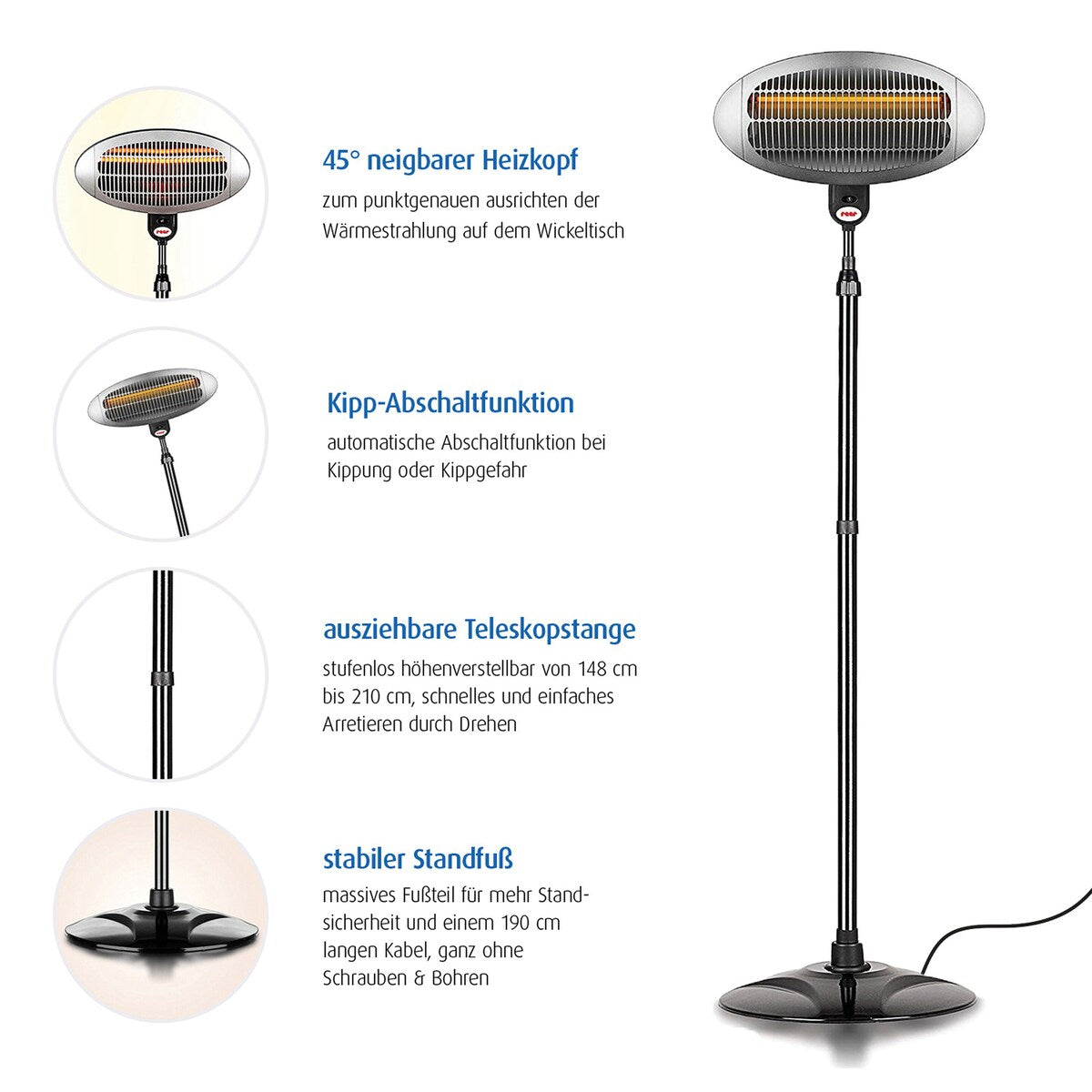 Nærbilde av varm lampe for stellebord med gulvstativ 148-210 cm