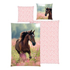 Vendbart sengetøy hest renforcé bomull 80x80/135x200 cm forside med hestemotiv