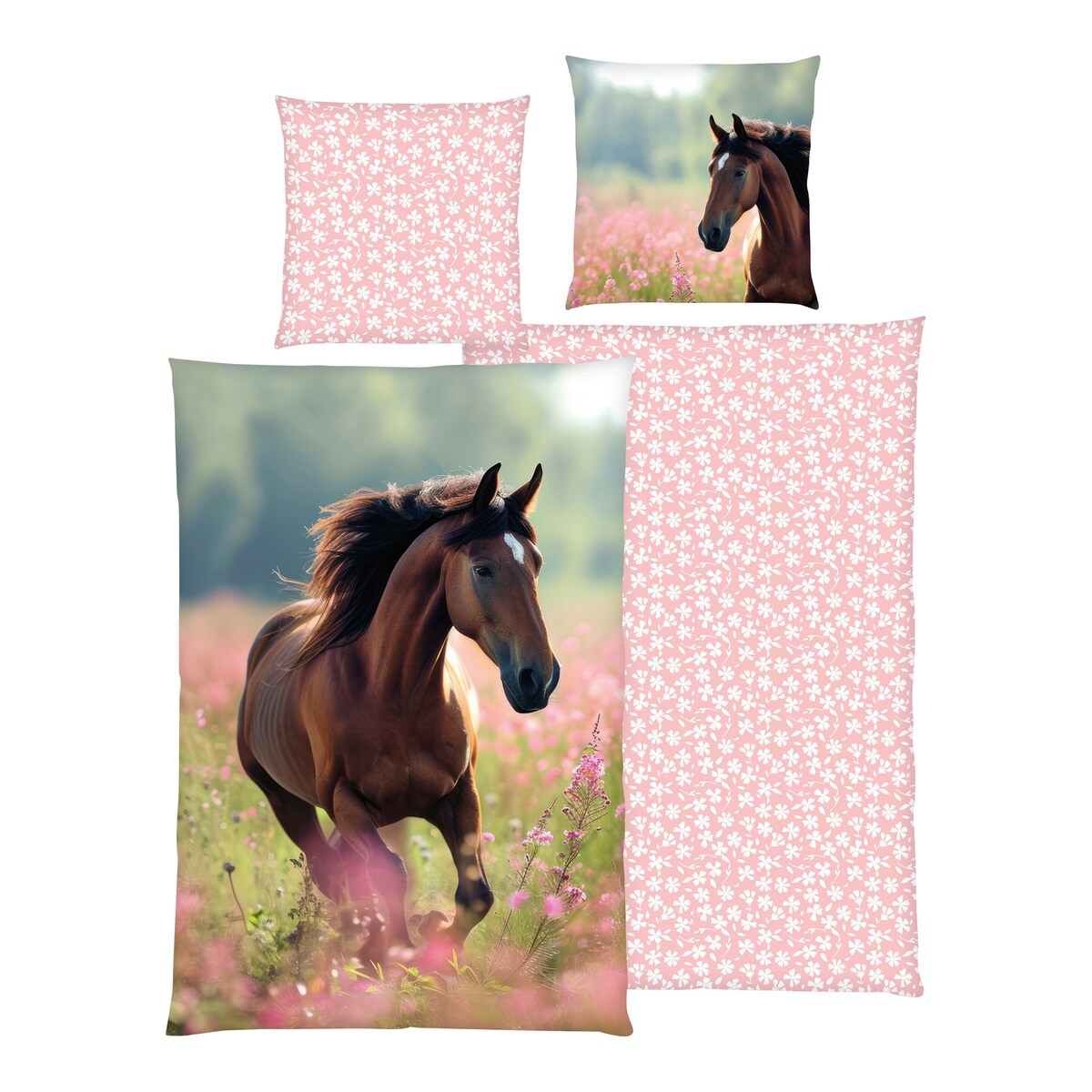 Vendbart sengetøy hest renforcé bomull 80x80/135x200 cm forside med hestemotiv