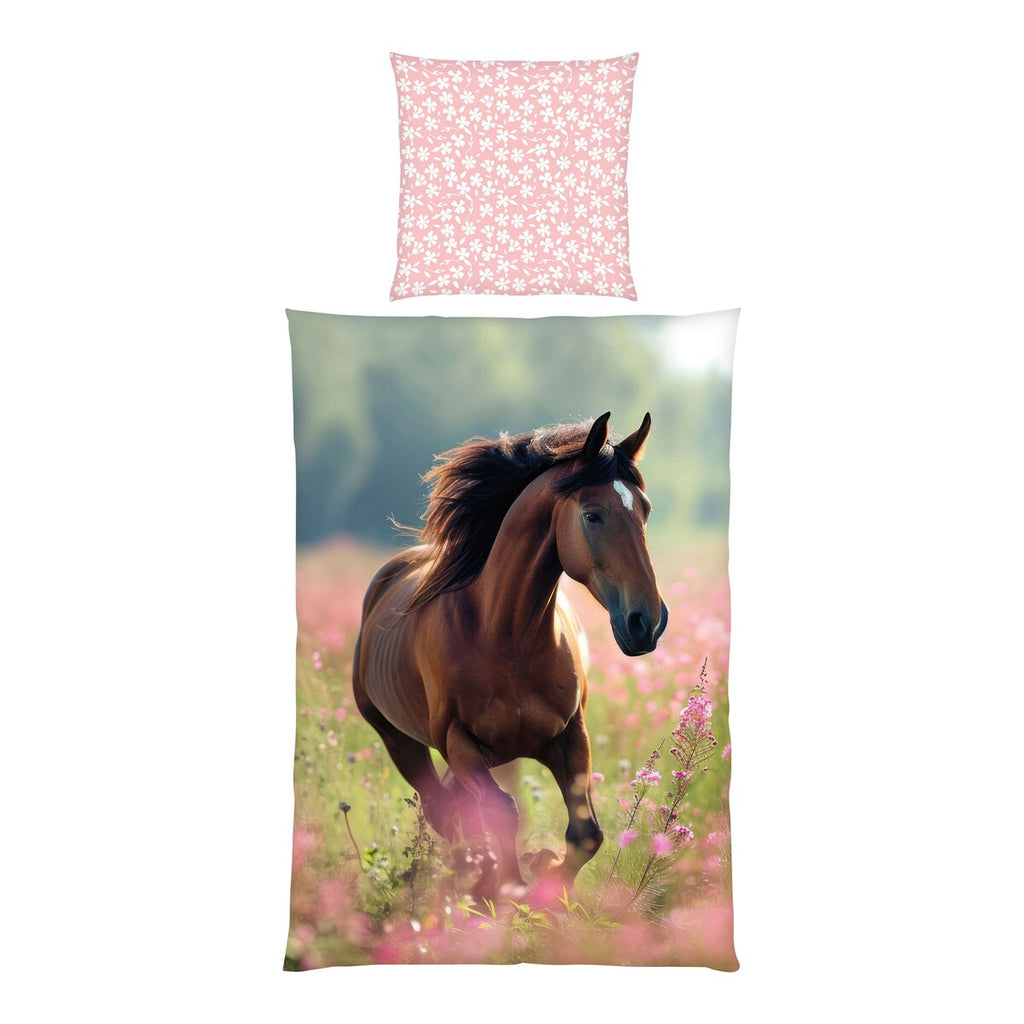 Vendbart sengetøy hest renforcé bomull 80x80/135x200 cm bakside med blomsterprint
