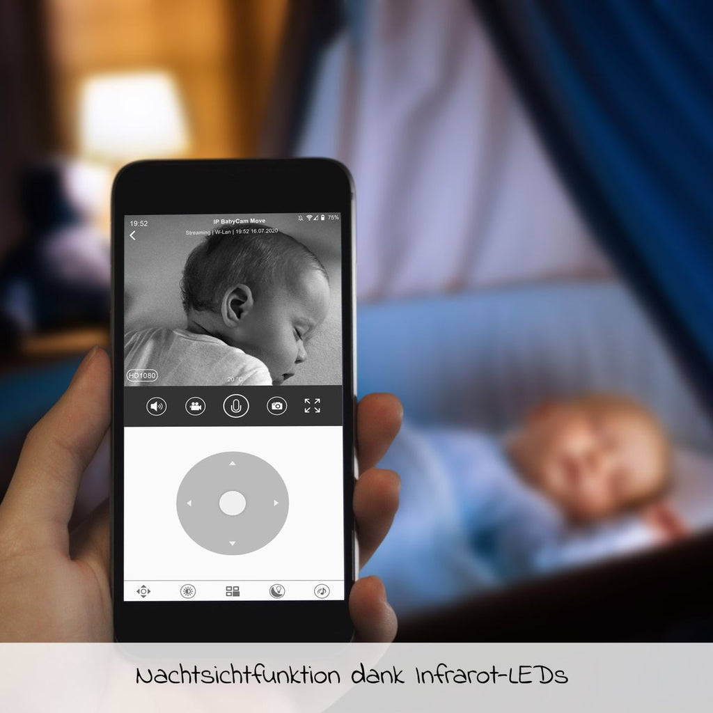 Video-babycall IP BabyCam Move HD med nattlys med app på mobil