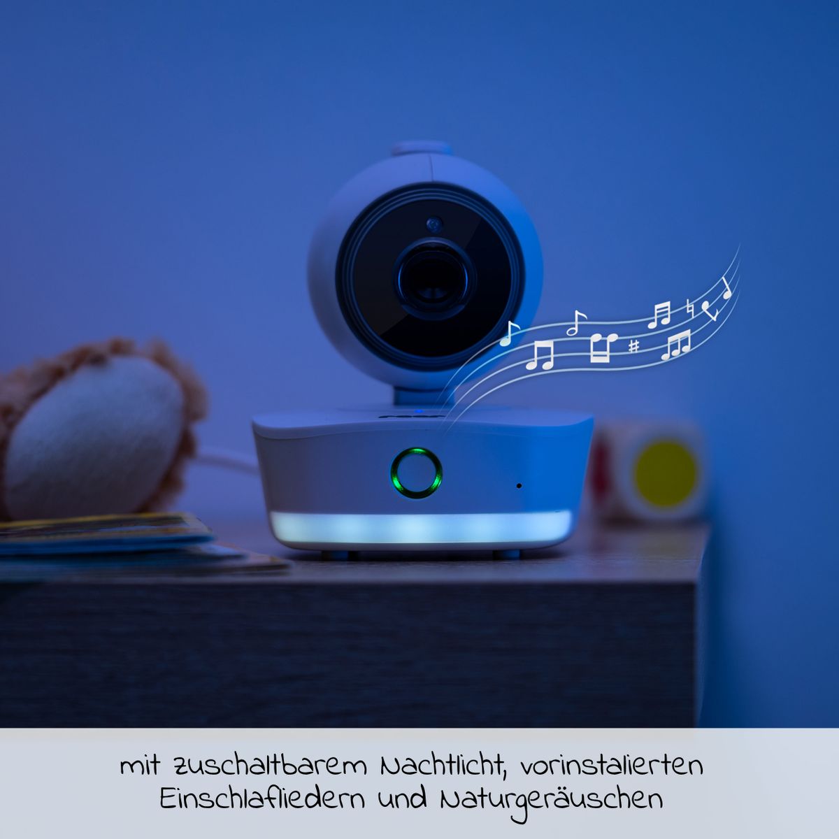 Oversikt av Video-babycall IP BabyCam Move HD med nattlys og stativ