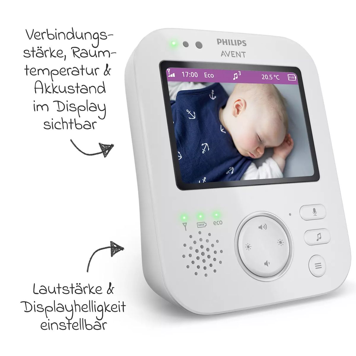 Detalj av skjerm på Videobabycall Premium SCD892/26 med 3,5'' fargeskjerm