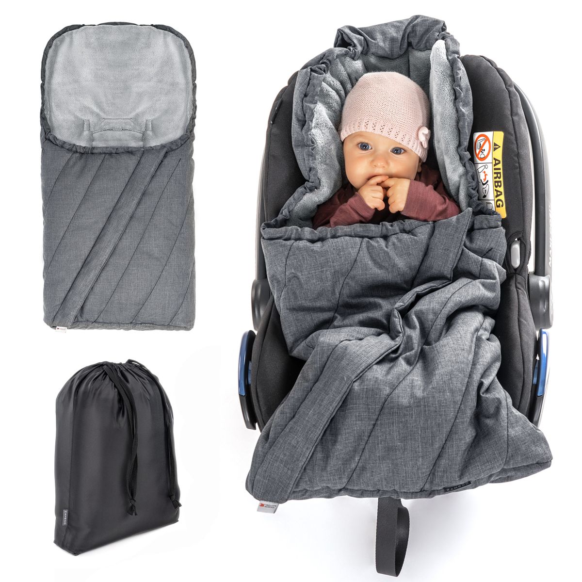 Vinterkjørepose 3M PRO for babystol grå forfra