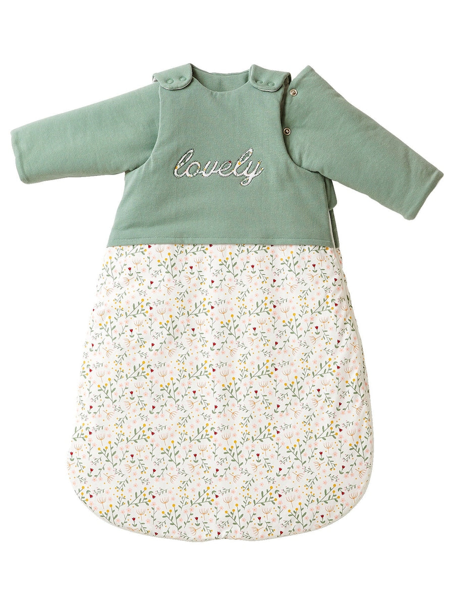 Vintersovepose for baby BLUMENZAUBER forfra med trykknapper
