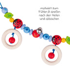 Bakside av vognlenke i tre med perler, ringer og bjelle, marihøne - Goki