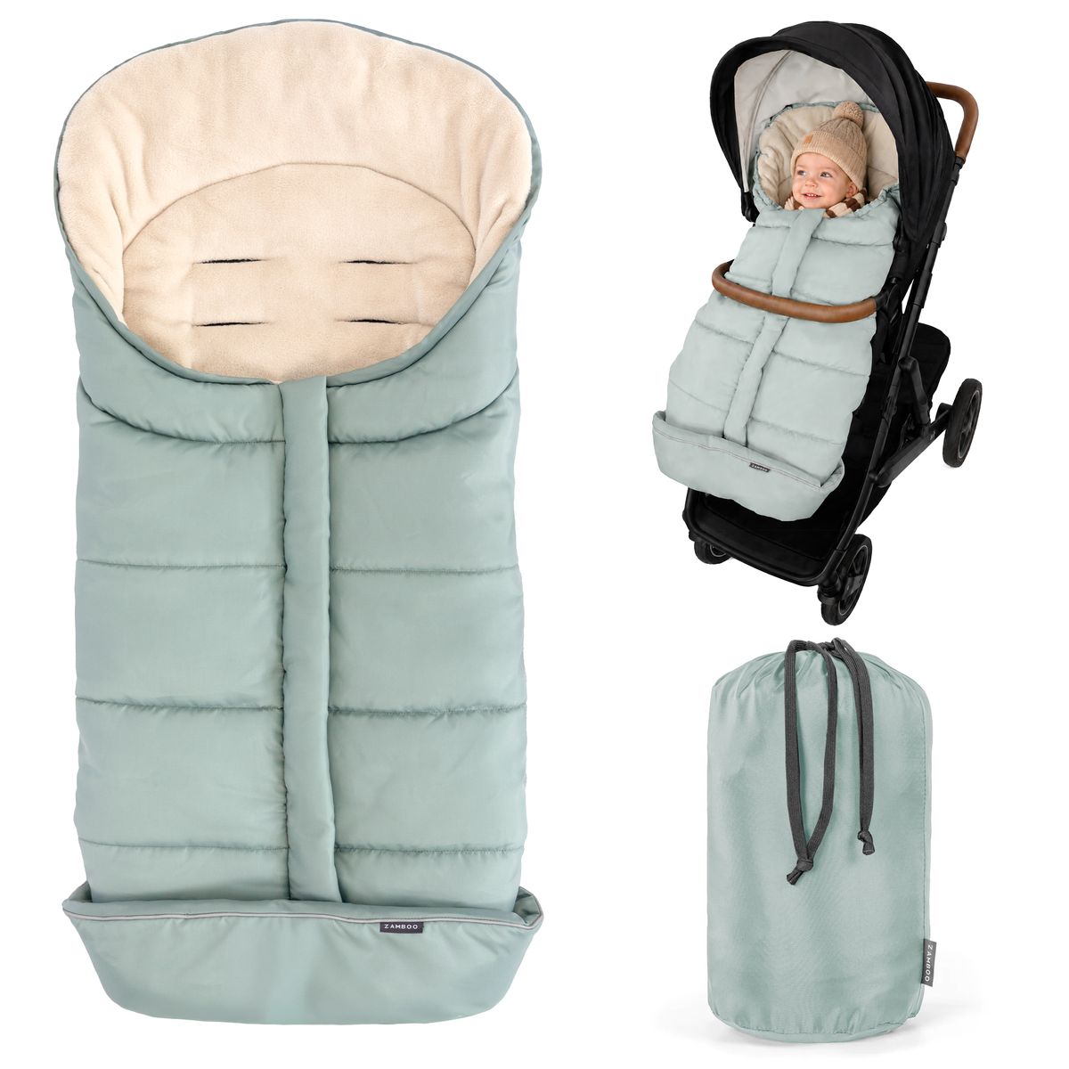 Vognpose Comfort universal i teddyfleece til barnevogn Zamboo forfra