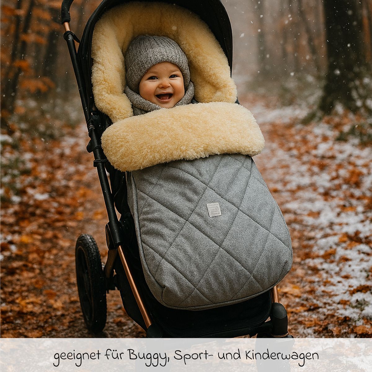 Vognpose Coosy i lammeskinn 85 x 45 cm montert i barnevogn