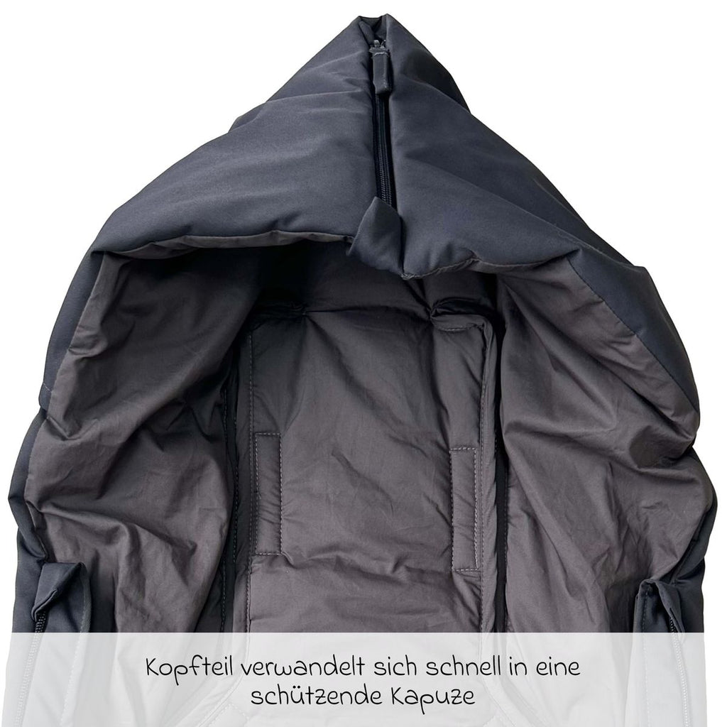 Vognpose Dowwny XL i dun til barnevogn og sportsvogn, hette detalj
