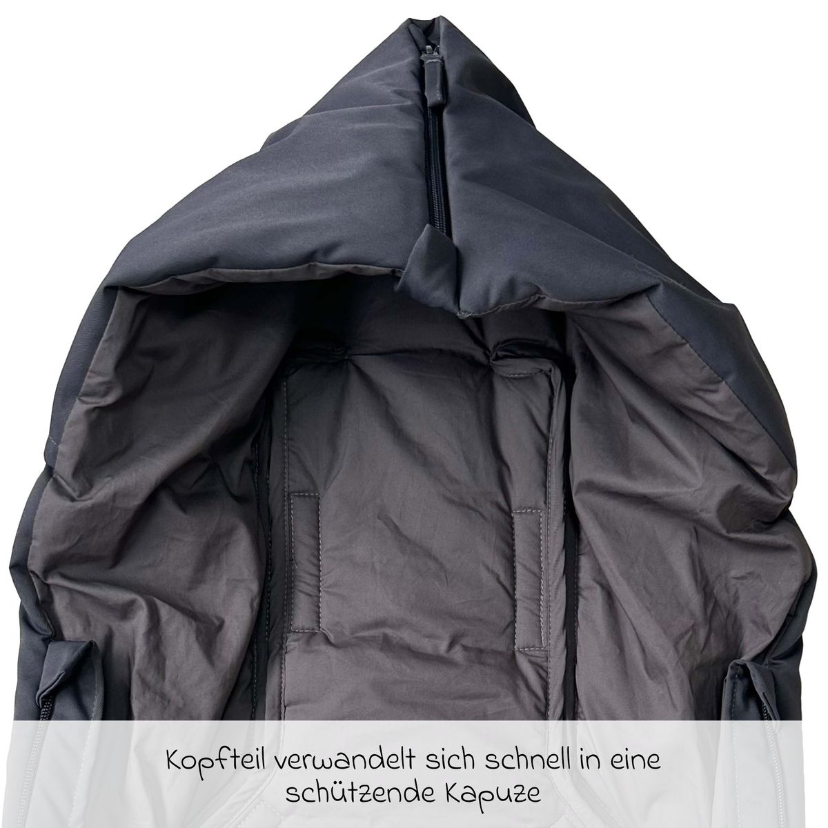 Vognpose Dowwny XL i dun til barnevogn og sportsvogn, hette detalj