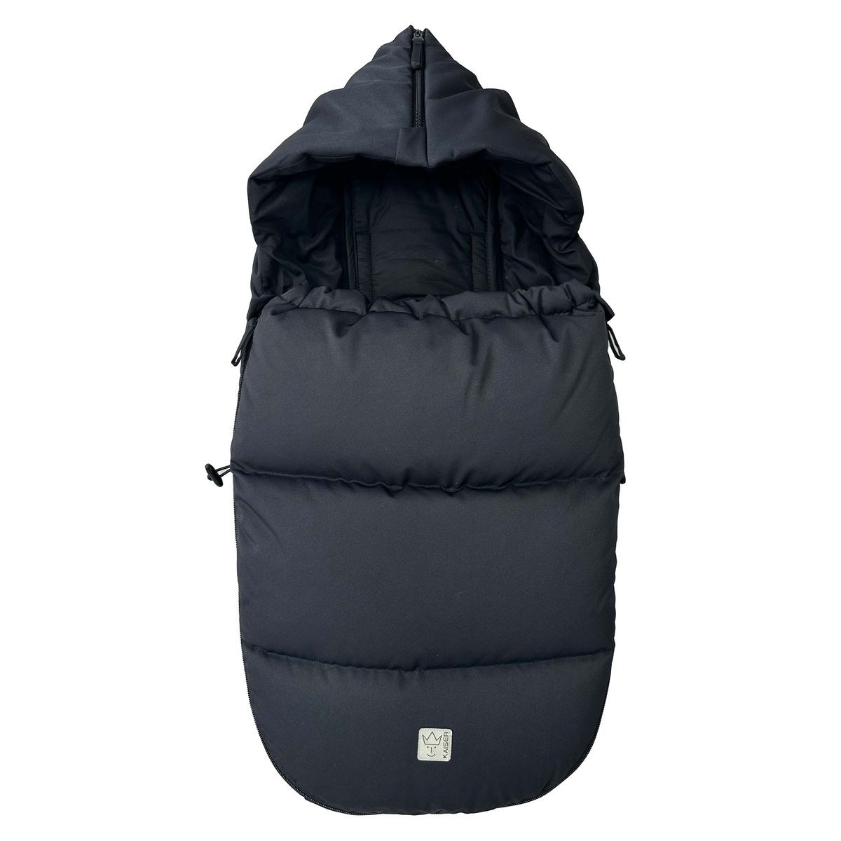 Vognpose Little Dowwny i dun til babystol og bag, sort forfra