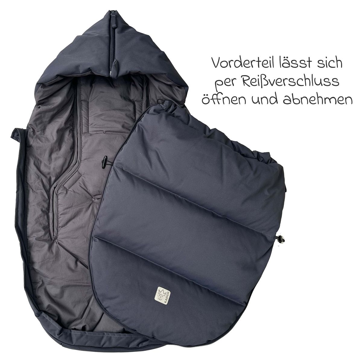 Visning av sikkerhetsåpninger på Vognpose Little Dowwny i dun til babystol og bag, antrasitt