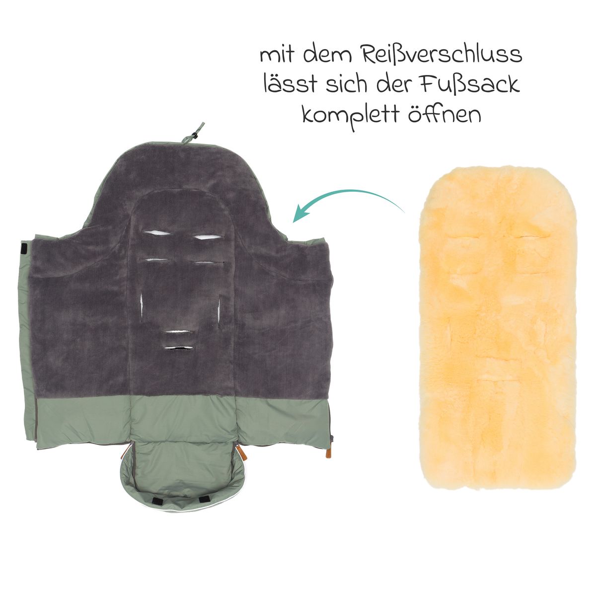 Vognpose Nanga i fleece med lammeskinn 100x50 cm stoffdetalj