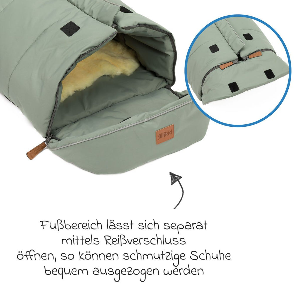 Vognpose Nanga i fleece med lammeskinn 100x50 cm i bruk på tur