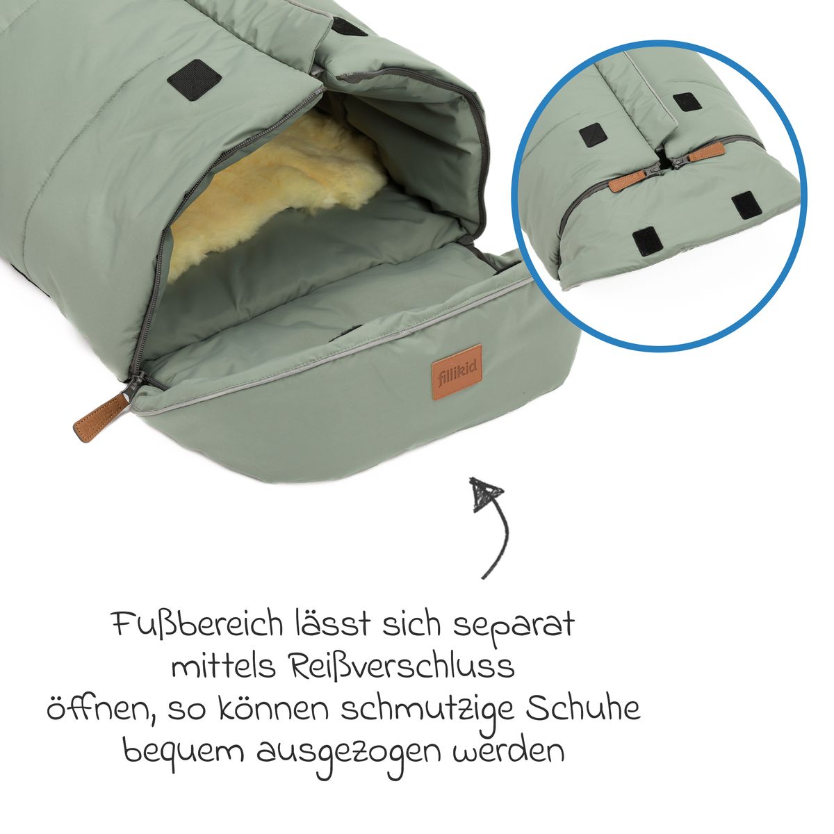 Vognpose Nanga i fleece med lammeskinn 100x50 cm i bruk på tur