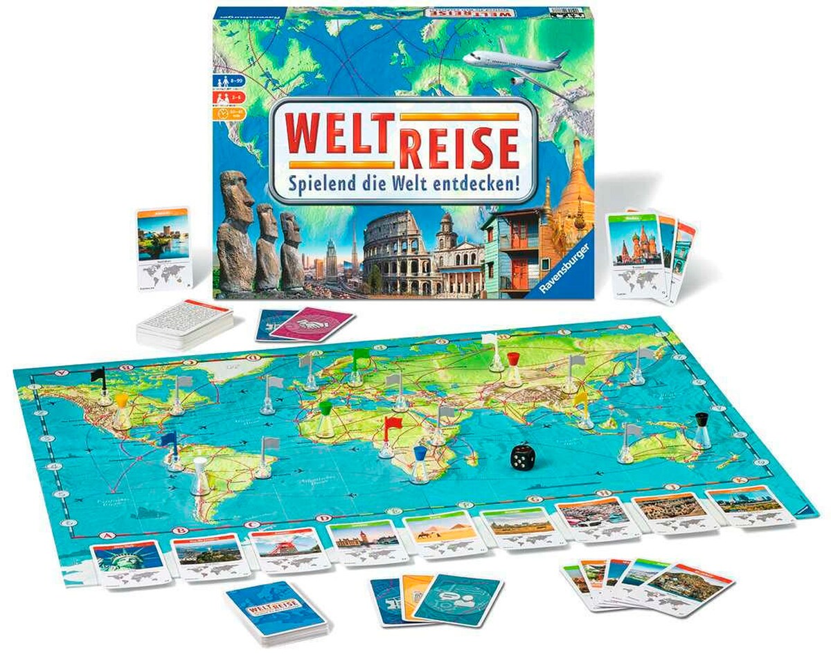 Weltreise brettspill geografi 2-6 spillere 30-45 min detalj av spillbrikker