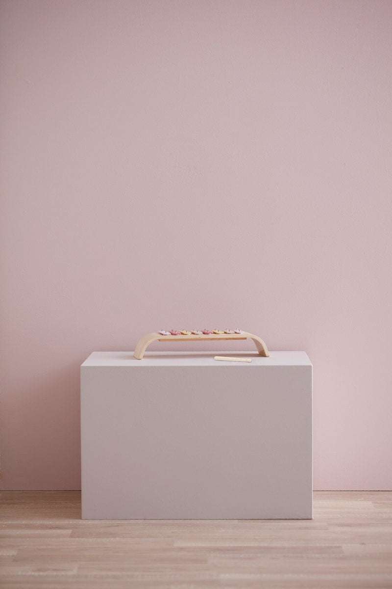 Detalj av slagstaver i xylofon rosa i kryssfiner og rustfritt stål