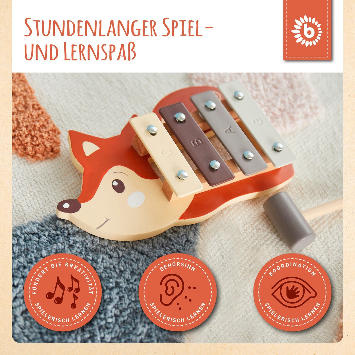 Montert Xylofon i tre med revedesign fra 12 mnd med slagpinne